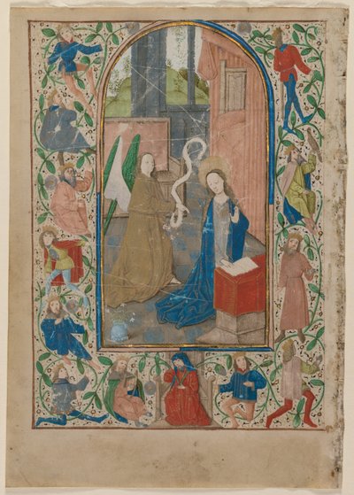 Blad från en timbok: Bebådelsen av Flemish School