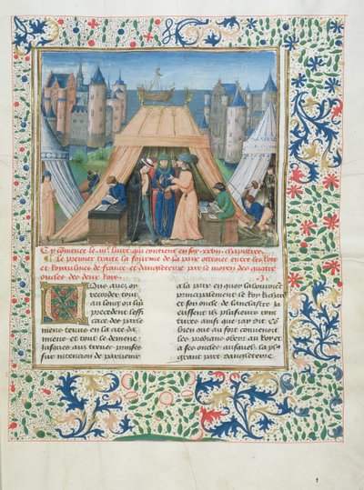 MS W201 f.147 Fredsfördrag från Chroniques dAngleterre (Vol.IV) 1475-80 (tempera på veläng) av Flemish School