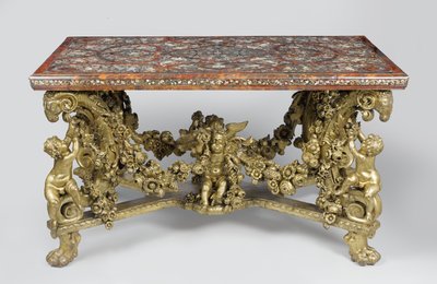 Intarsiabord på skuren och förgylld bas av limeträ, 1689 av Flemish School
