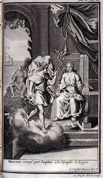Merkurius skickas av Jupiter till nymfen Calypso. Illustration för bok V av Homeros Odyssey, i Odyssey, publicerad i Amsterdam 1731, Collection privee Milan. av Flemish School