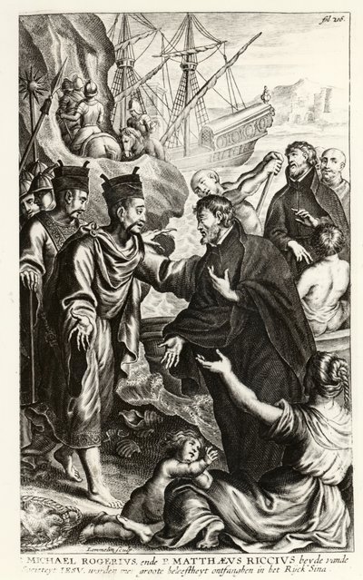 Michael Rogerius (1543-1607) och Matthaeus Riccius (1552-1610) anländer till Kinas kust, illustration från en historia av kyrkan av P. Cornelius Hazart, publicerad i Antwerpen, 1668 av Flemish School