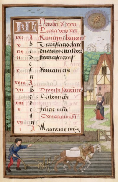 Ms 1058-1975 f10r Plöjning med två hästar, upplyst kalendersida för oktober, från en timbok, ca 1500 av Flemish School