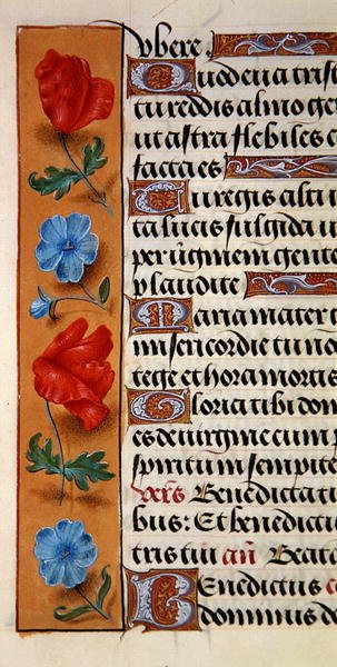 Ms. 1058-1975, f.16r: detalj av en blomkant från en timbok, ca 1500 (vellum) av Flemish School