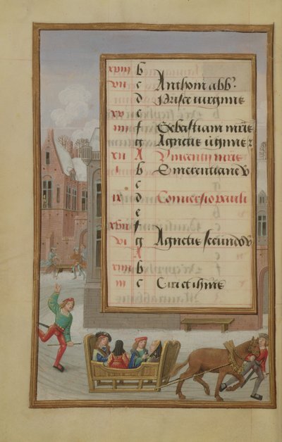 Ms 1058-1975 f1v Street Scene in the Snow, upplyst kalendersida för januari, från a Book of Hours, c.1500 av Flemish School