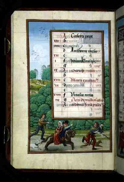 Ms 1058-1975 f4v En mästare och hans fru rider med jakten, upplyst kalendersida för april, från en timbok, ca 1500 (vellum) av Flemish School