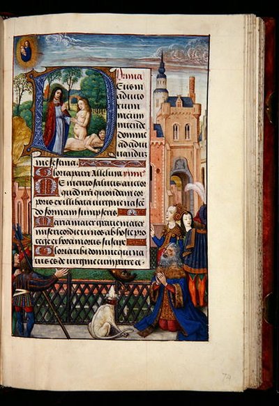 Ms 1058-1975, f.74r: Kung David ber till Jungfrun och barnet och ett historiskt initialt D som visar skapandet av Eva, från en timbok, Brygge, ca 1510 (guldbläck & tempera på pergament) av Flemish School