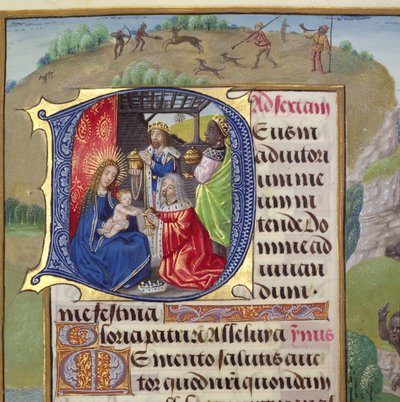 Ms 1058-1975 f.82r Historikerad initial `D som skildrar kungarnas tillbedjan, från en timböcker, troligen Brygge, c.1500-05 av Flemish School