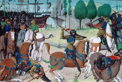 Ms 5089-90 Slaget vid Hastings, 14 oktober 1066, från Chronique des Empereurs av David Aubert av Flemish School