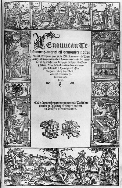 Nya testamentets titelsida för en fransk översättning av Jacques Lefevre dEtaples (1450?-1537) publicerad i Antwerpen 1531 av Flemish School