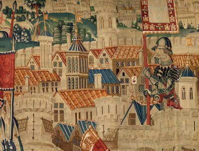 Sockenmuseum för gobelänger (Parish Museum of Pastrana Tapestries). flamländsk gobeläng. Conquest of Tanger (Taking of Tangier, De inname van Tanger). Serie Erövringar av kung Alfonso I av Portugal. Tournai. Ull och siden av Flemish School