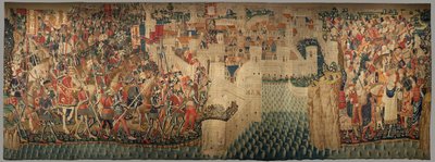 Sockenmuseum för gobelänger (Parish Museum of Pastrana Tapestries). flamländsk gobeläng. Conquest of Tanger (Taking of Tangier, De inname van Tanger). Serie Erövringar av kung Alfonso I av Portugal. Tournai. Ull och siden av Flemish School