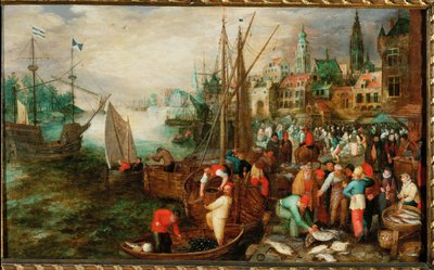 Hamn och marknad i Antwerpen (olja på ek) av Flemish School
