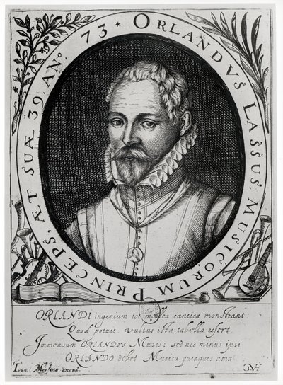 Porträtt av Roland de Lassus (1532-94) (gravyr) (bw foto) av Flemish School