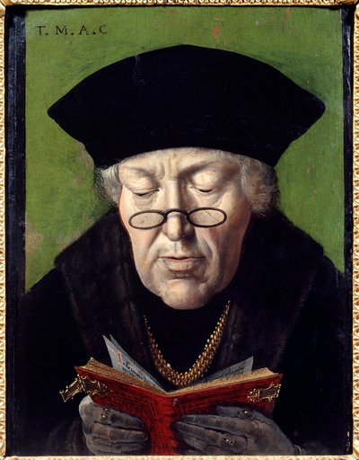 Porträtt av Thomas More (1478-1535), humanist. Humanisten är representerad med glasögon när han läser en bok. Målning av den flamländska skolan av Flemish School