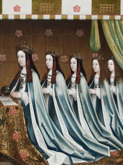 Porträtt av Elizabeth av York, drottning av England, med sina fyra döttrar Margaret, Elizabeth, Mary och Catherine, ca 1510 (olja på duk) av Flemish School