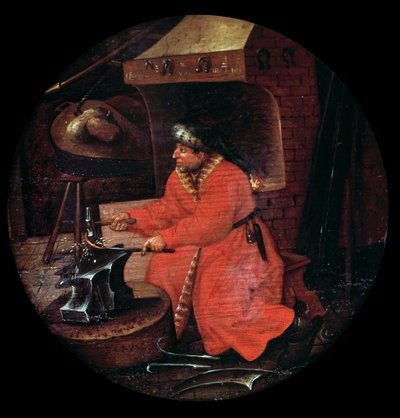 Representation av en smedhantverkare i sin smed som slår en metallstav på ett städ. Målning av den flamländska skolan. 1500-talet. av Flemish School