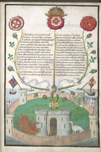 Royal MS 11 E Xl fol.2 Verser med Tudor-symboler, c.1516 (vellum) av Flemish School