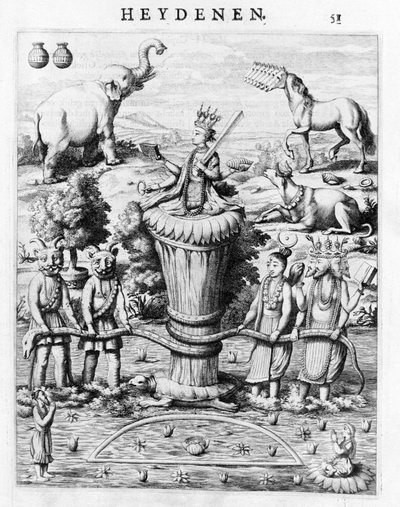Samudramathana, med deltagande av Deva (Surya, Shiva, Vishnu, Brahma) med demoner och berg. Enligt Baldaeus Philippus Afgoderye der oost-indische Heydenen. Amsterdam 1672 av Flemish School