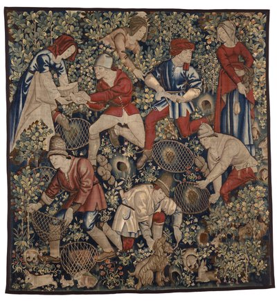 Gobeläng föreställande bönder som jagar kaniner med illrar, Tournai, ca 1450-75 (ull) av Flemish School