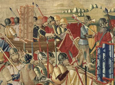 Gobeläng som visar erövringarna av kung Alfonso V av Portugal (Conquistas de Alfonso V de Portugal), Tournai. Detalj. (Ull och siden) av Flemish School