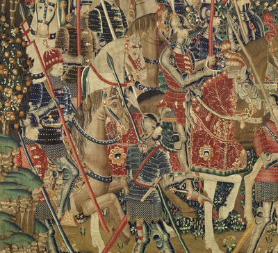 Gobeläng som visar erövringarna av kung Alfonso V av Portugal (Conquistas de Alfonso V de Portugal), Tournai. Detalj. (Ull och siden) av Flemish School