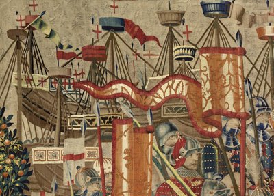 Gobeläng som visar erövringarna av kung Alfonso V av Portugal (Conquistas de Alfonso V de Portugal), Tournai. Detalj. (Ull och siden) av Flemish School