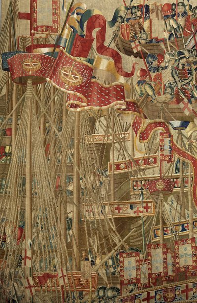 Gobeläng som visar erövringarna av kung Alfonso V av Portugal (Conquistas de Alfonso V de Portugal), Tournai. Detalj. (Ull och siden) av Flemish School