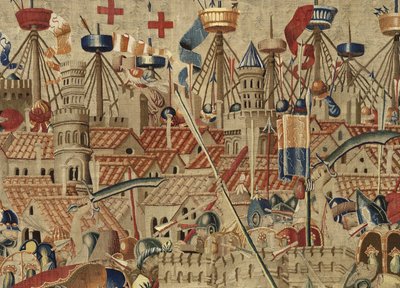 Gobeläng som visar erövringarna av kung Alfonso V av Portugal (Conquistas de Alfonso V de Portugal), Tournai. Detalj. (Ull och siden) av Flemish School