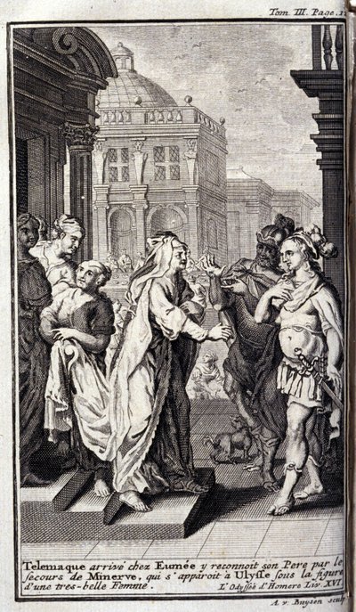 Telemaque anländer till Eumees hus, känner igen sin far med hjälp av Minerve, som dyker upp i Ulysses under gestalten av en vacker kvinna. Illustration till boken XVI de l