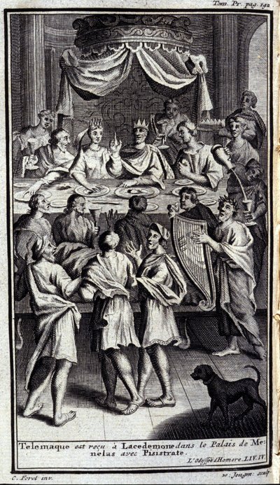 Telemaque tas emot i Lacedemone i Menelas palats med Pisistrate. Illustration till bok IV av Odyssee av Homere, i Odyssee, publicerad i Amsterdam 1731, Milano. av Flemish School