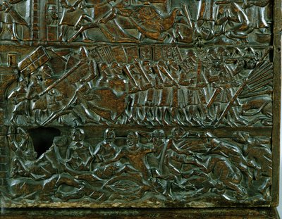 Courtrai-kistan som visar den flamländska stridslinjen under slaget vid de gyllene sporrarna, utkämpat vid Courtrai 1302 (trä) (detalj) av Flemish School