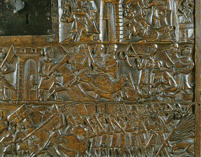 Courtrai-kistan som skildrar upproret i Brygge den 18 maj, under slaget vid Golden Spurs som utkämpades i Courtrai 1302 (trä) (detalj) av Flemish School