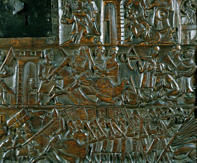 Courtrai-kistan som visar två scener från slaget vid de gyllene sporrarna som utkämpades i Courtrai 1302 (trä) (detalj) av Flemish School