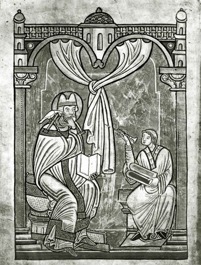 St. Gregorius extas (ca 540-604) skymtad av diakonen Peter genom en gardin genomborrad av hans stilett av Flemish School