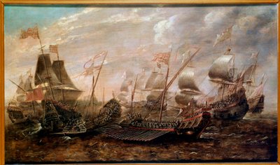 Sjöstriden Invincible Armada som såg den spanska armadans nederlag mot den engelska flottan i augusti 1588, flamländsk skola av Flemish School