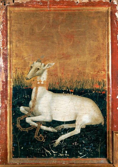 The Wilton Diptych, detalj, höger a tergo: den vita hjorten, kung Richard II:s emblem (äggtempera på ek) av Flemish School