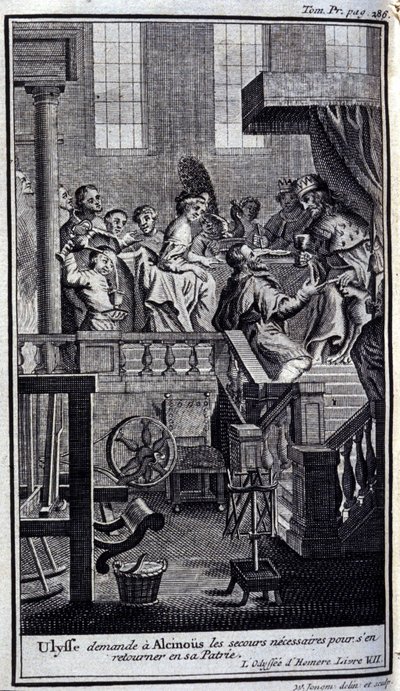 Ullysse ber Alcinous (Alcinoos) om nödvändig hjälp för att återvända till sitt hemland. Illustration för bok VII av Odyssee av Homere, i Odyssee, publicerad i Amsterdam 1731, Collection privee Milan. av Flemish School