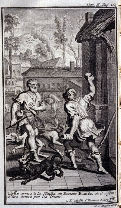Ulysses anländer till pastor Eumees hus, eller så kan han bli förälskad av hundar. Illustration för bok XIV de l