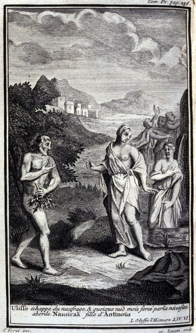 Ulysses flyr från skeppsvraket, och även om han är naken men med våld av nödvändighet närmar sig Nausicaa, dotter till Antinous (Antinoos). Illustration till bok VI av Odyssee av Homere, i Odyssee, publicerad i Amsterdam 1731, Milano. av Flemish School