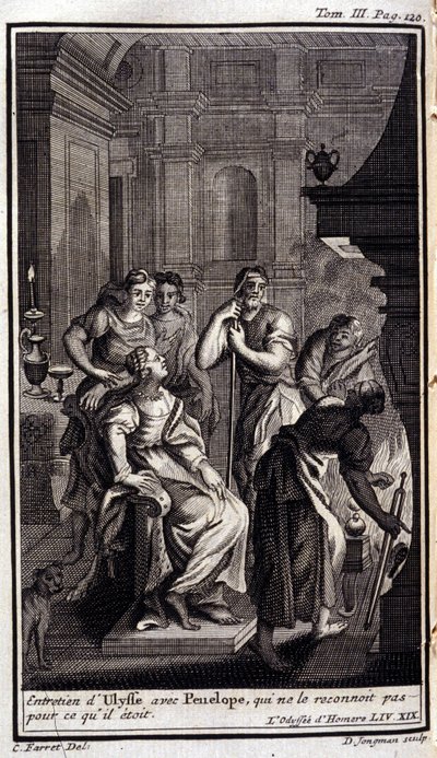 Ulysses intervju med Penelope, som inte känner igen honom för vad han var. Lilustration för boken XIX av Odyssee av Homere, i Odyssee, publicerad i Amsterdam 1731, Collection privee Milan. av Flemish School