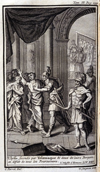 Ulysses tvåa efter Telemaque och två av deras herdar upplöste alla förföljarna. Lustration för XXII boken av Odyssee av Homere, i Odyssee, publicerad i Amsterdam 1731, Collection privee Milan. av Flemish School