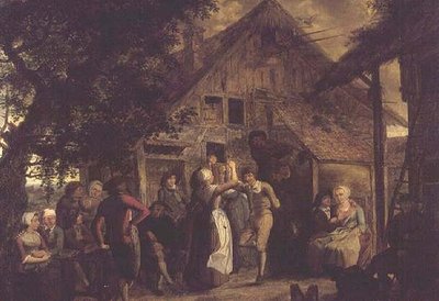 Byborna glada utanför en bondgård av Flemish School