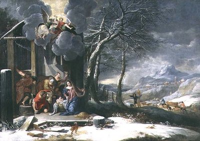 Vinterlandskap med Nativity (olja på duk) av Flemish School