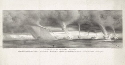 Waterhozen op zee på Sicilien, 1827 Fenomenet med vattenpipor, observerat i Siciliens hav, i sikte av Stromboli, 27 juni 1827 (titel på objekt) av Félix Achille Beaupoil Saint Aulaire