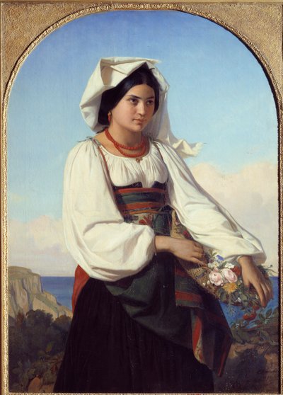Ung flicka som bär blommor Målning av Felix Joseph Barrias (1822-1907) 1846 Nantes, Musee des Beaux Arts av Félix Joseph Barrias