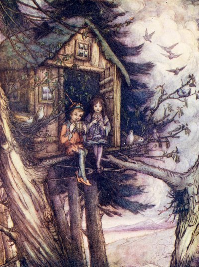 Trädkronorna, där Wendy och Peter levde lyckliga (färglitografi) av Flora White