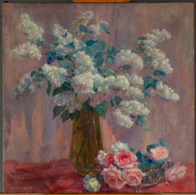 Syrener och rosor (olja på duk) av Flore Geleedts