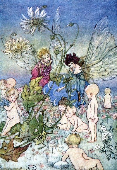 Kvinna-trollslända (älva) och tomte omgiven av bebisar - i "My Fairyland"" av Fiona Malcom, ill. Florens Andersson av Florence Anderson
