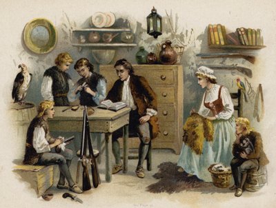 Scen från den schweiziska familjen Robinson: Far läser för familjen i Rock Castle (chromolitho) av Florence Maplestone