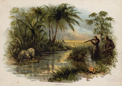 Scen från den schweiziska familjen Robinson: jaga lejonet (chromolitho) av Florence Maplestone